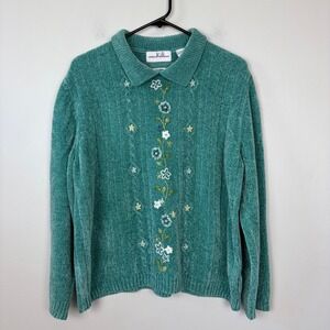 Alfred Dunner Chenille Teal Collared Sweater Floral Embroidery Beaded Size Large